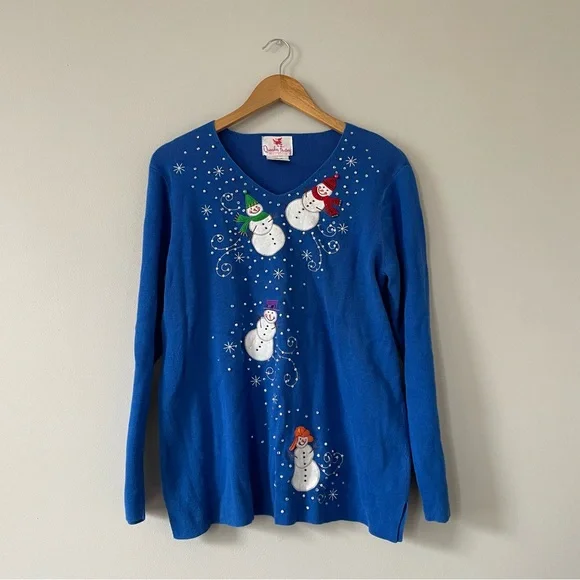3/$20 Quacker Factory Blue Snowman Knit Top - Picture 1 of 10